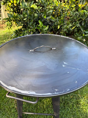 Metal pan on a grassy area with greenery in the background with lid