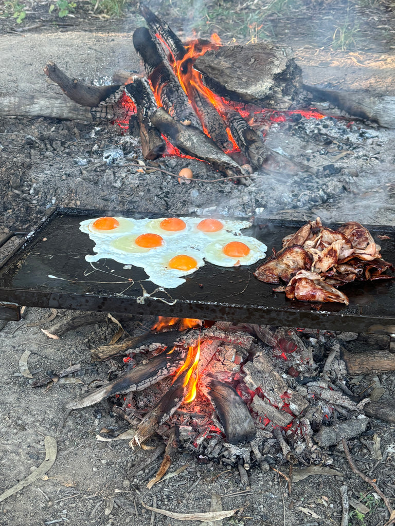 Outdoor cooking over open flames, with a folding 6mm hot plate.