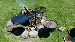 Swinging Hot Plate & Grill, BBQ Pan with Camp Oven Hook & Gloves. 100% Australian Made & Owned. Aussie Campfire Kitchens.  www.aussiecampfirekitchens.com