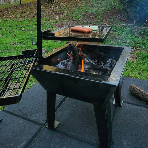 Backyard Fire Pit with Square Grill and Hot Plate.