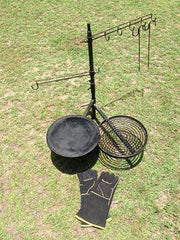 SWINGING HOT PLATE & GRILL with ACCESSORY PACK Utensil Rack Aussie Campfire Kitchens 100% Australian Made Cooking Gear www.aussiecampfirekitchens.com