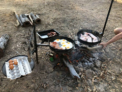 Swinging Hot Plate & Grill, BBQ Pan with Camp Oven Hook & Gloves. 100% Australian Made & Owned. Aussie Campfire Kitchens.  www.aussiecampfirekitchens.com