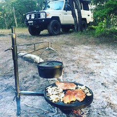 Swinging Hot Plate & Grill, BBQ Pan with Camp Oven Hook & Gloves. 100% Australian Made & Owned. Aussie Campfire Kitchens.  www.aussiecampfirekitchens.com