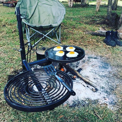 Swinging Hot Plate & Grill, BBQ Pan with Camp Oven Hook & Gloves. 100% Australian Made & Owned. Aussie Campfire Kitchens.  www.aussiecampfirekitchens.com