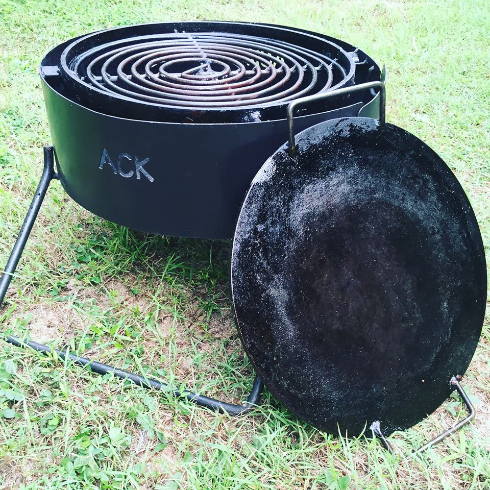 FOLDING FIRE PIT with DROP IN HOT PLATE, GRILL & HOOK