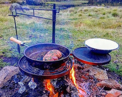 Swinging Hot Plate & Grill, BBQ Pan with Camp Oven Hook & Gloves. 100% Australian Made & Owned. Aussie Campfire Kitchens.  www.aussiecampfirekitchens.com