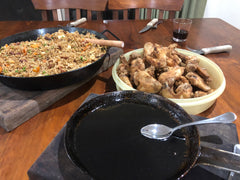 www.aussiecampfirekitchens.com BBQ PAN of Fried Rice and SKILLET with honey sauce for the Chicken Wings 
